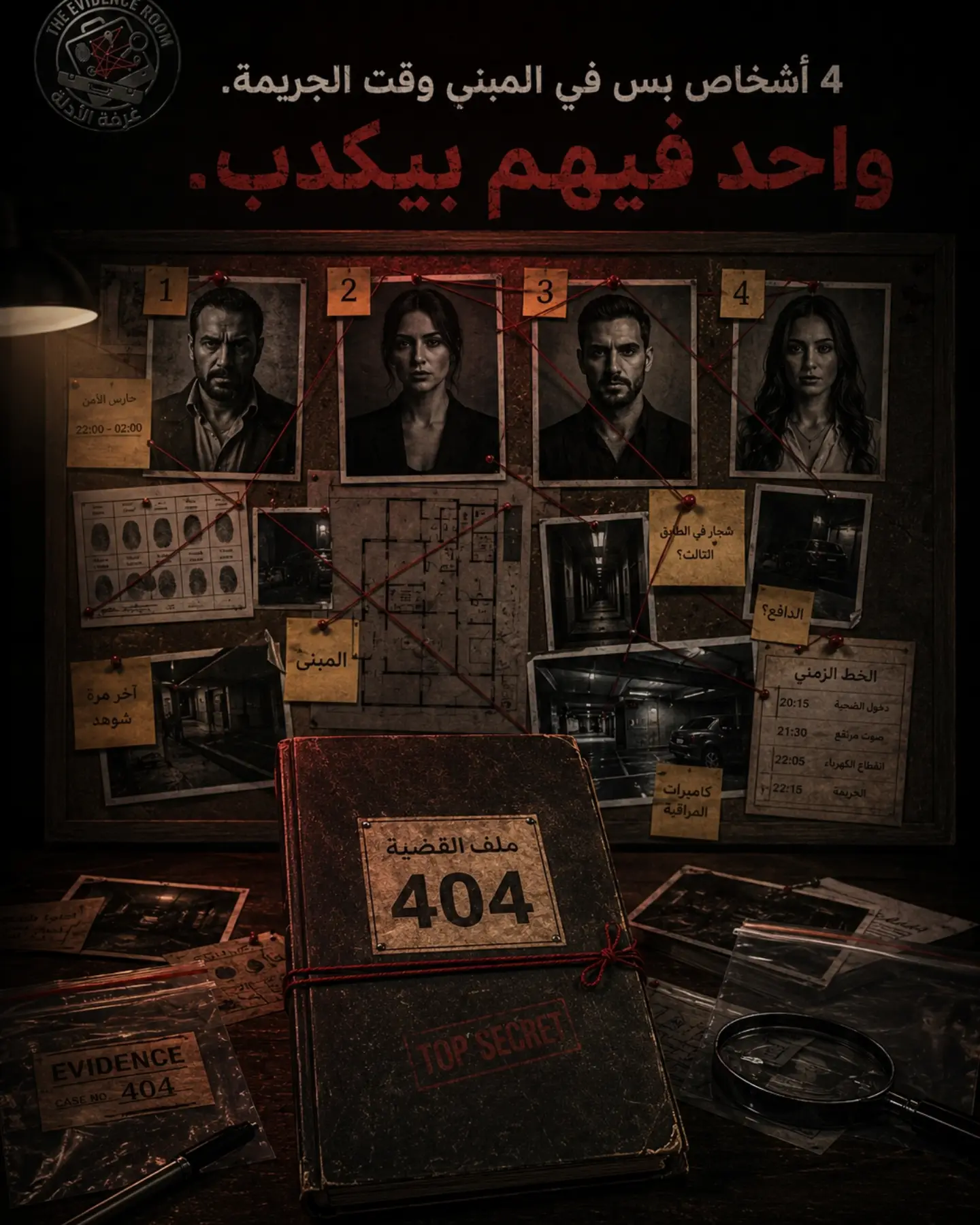 لوحة تحقيق قضية 404: أربعة مشتبه فيهم، خط زمني، وخيط أحمر