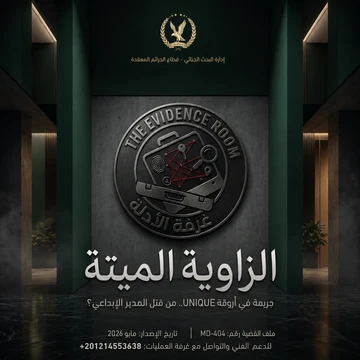 بوستر قضية الزاوية الميتة — شعار غرفة الأدلة على جدار أخضر داكن