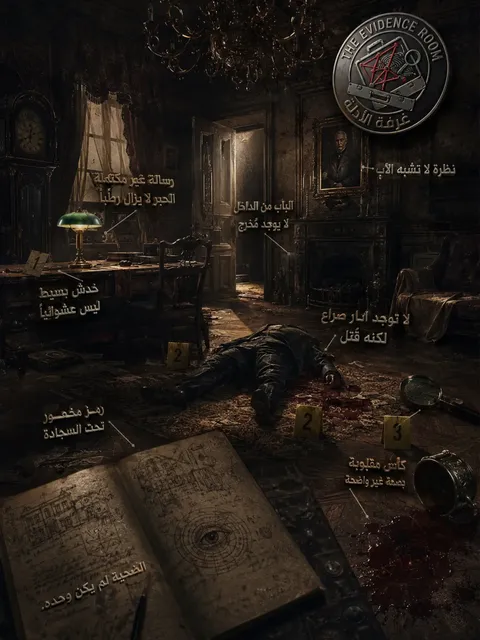 مسرح جريمة: جثة على سجادة، باب مفتوح، وملاحظات محقق مثبتة على الصورة