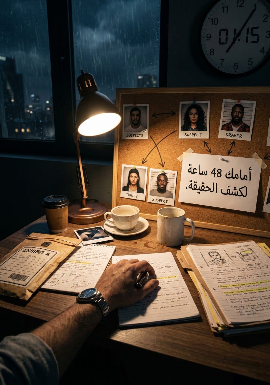 مكتب محقق ليلًا: لوحة مشتبه فيهم بخيط أحمر، ومصباح، وأوراق قضية مفتوحة