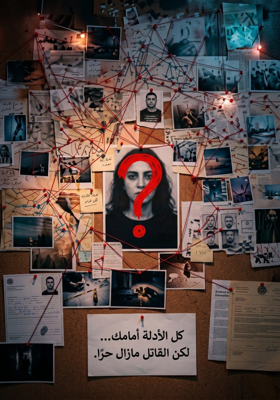 لوحة فلين مليئة بالصور والوثائق يربطها خيط أحمر حول صورة امرأة بعلامة استفهام