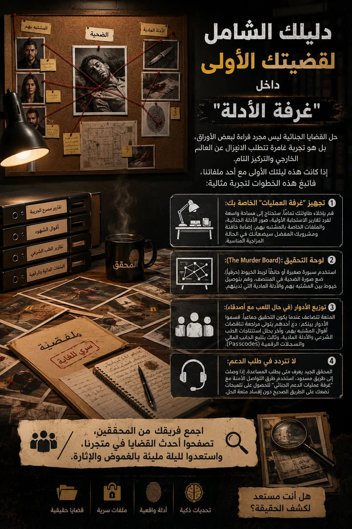 لوحة تحقيق بخيط أحمر وملف قضية سري للغاية وكوب قهوة المحقق