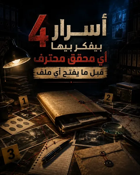 ملف قضية مفتوح على مكتب محقق تحت ضوء لمبة، وحوله علامات الأدلة الصفراء