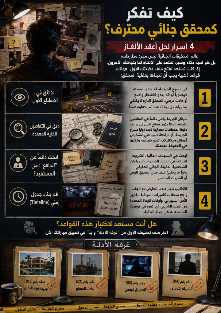 محقق من الخلف أمام لوحة تحقيق مضاءة، وإنفوجرافيك القواعد الأربع